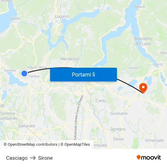 Casciago to Sirone map
