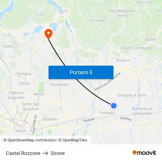 Castel Rozzone to Sirone map
