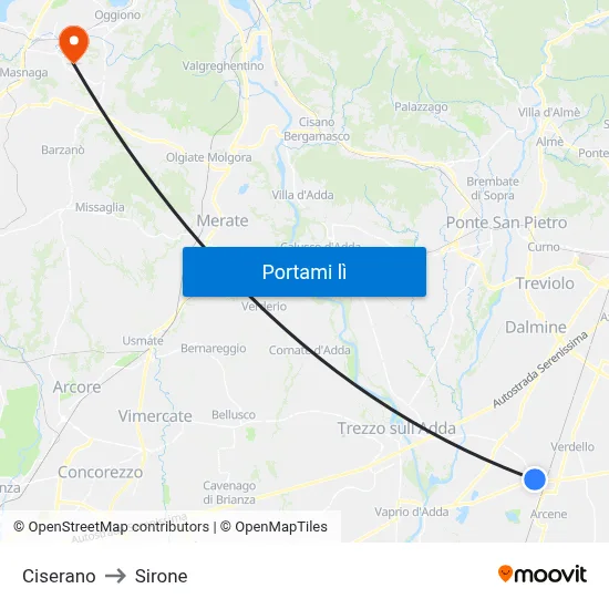 Ciserano to Sirone map