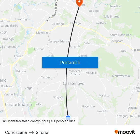 Correzzana to Sirone map