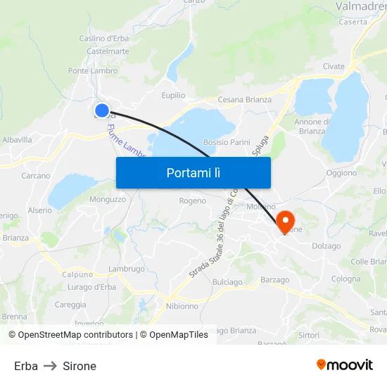 Erba to Sirone map