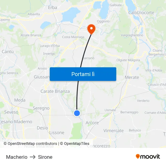 Macherio to Sirone map