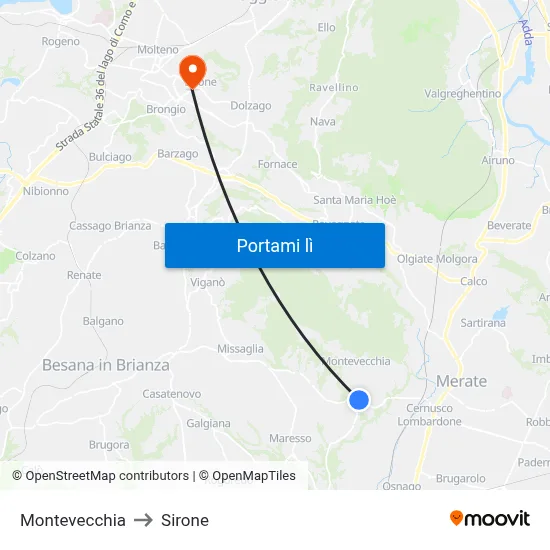 Montevecchia to Sirone map
