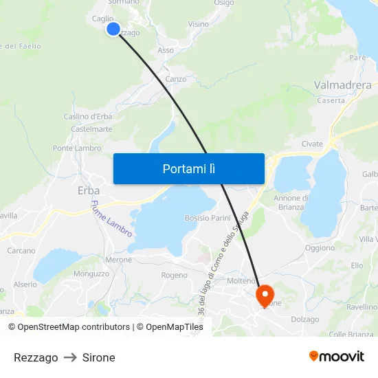 Rezzago to Sirone map