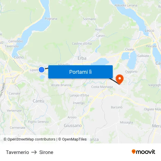 Tavernerio to Sirone map