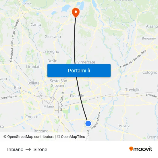 Tribiano to Sirone map