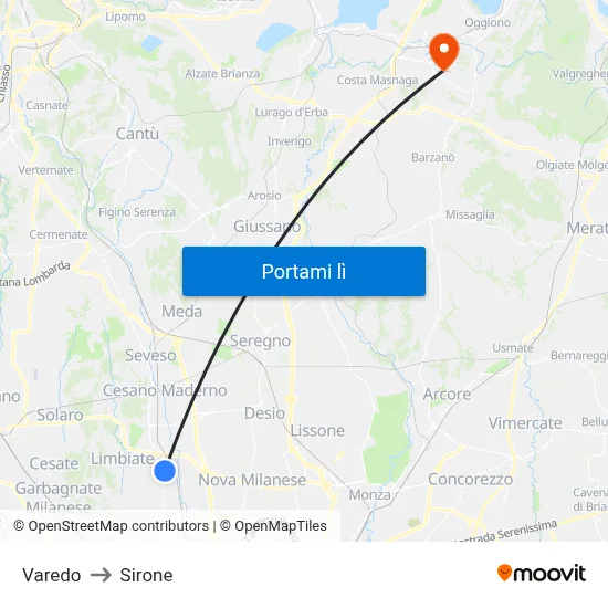 Varedo to Sirone map