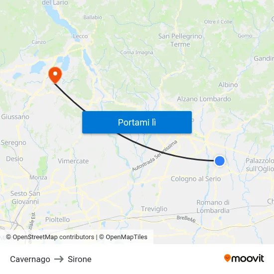 Cavernago to Sirone map