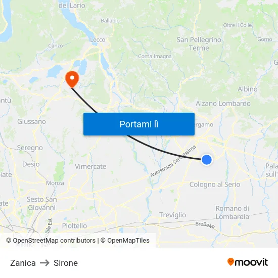 Zanica to Sirone map