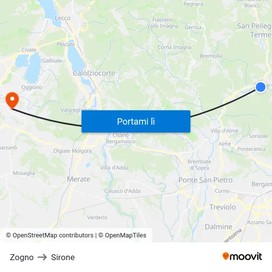 Zogno to Sirone map