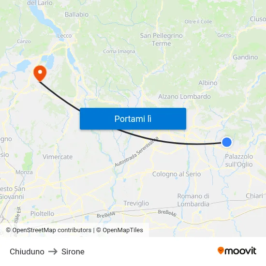 Chiuduno to Sirone map