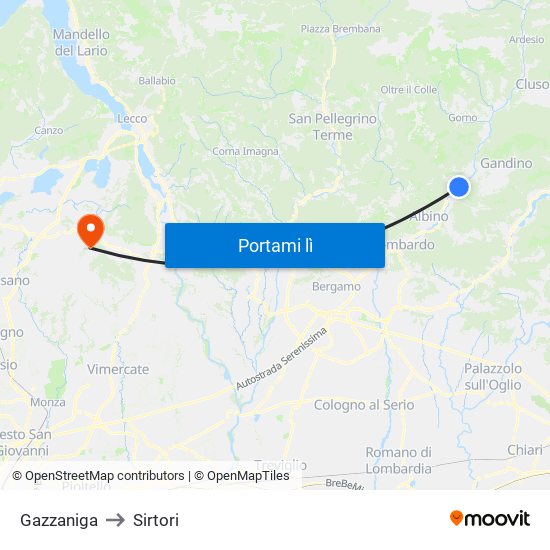Gazzaniga to Sirtori map