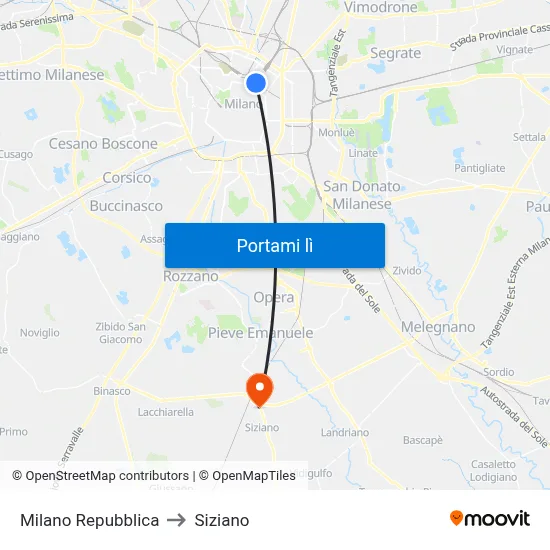 Milano Repubblica to Siziano map
