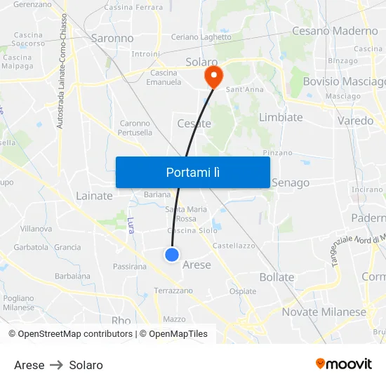 Arese to Solaro map