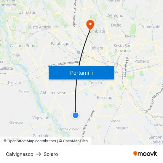 Calvignasco to Solaro map