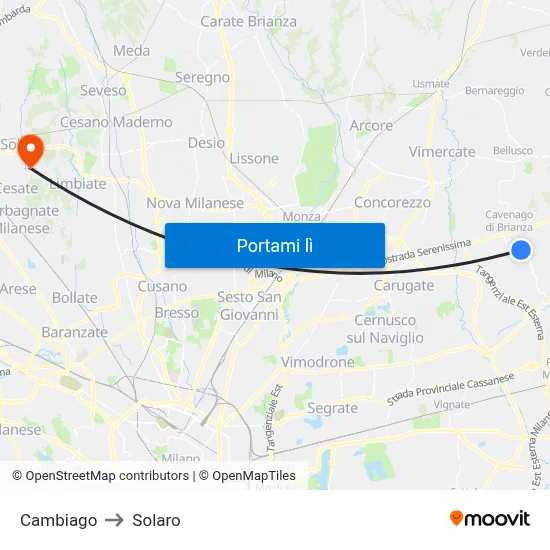 Cambiago to Solaro map