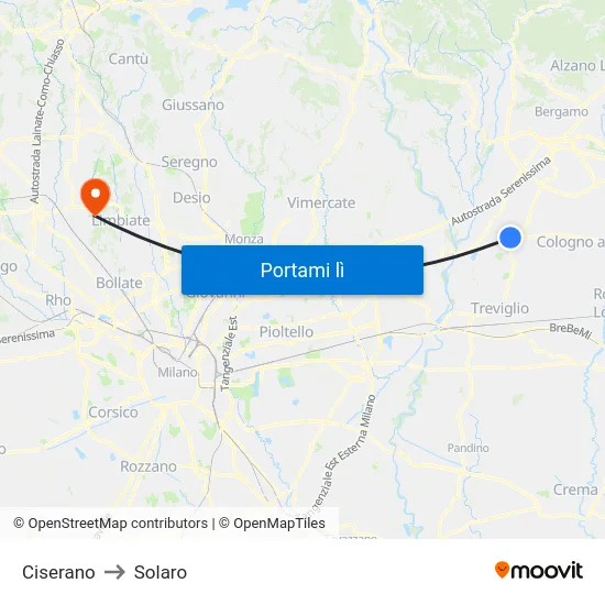 Ciserano to Solaro map