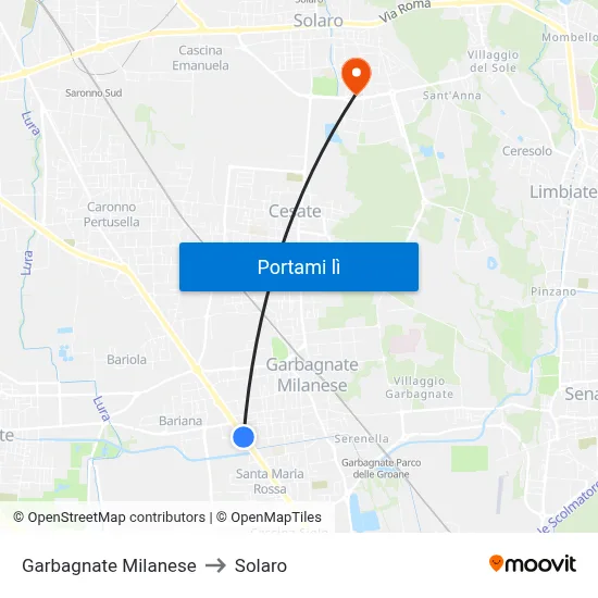 Garbagnate Milanese to Solaro map