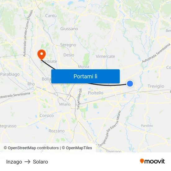 Inzago to Solaro map