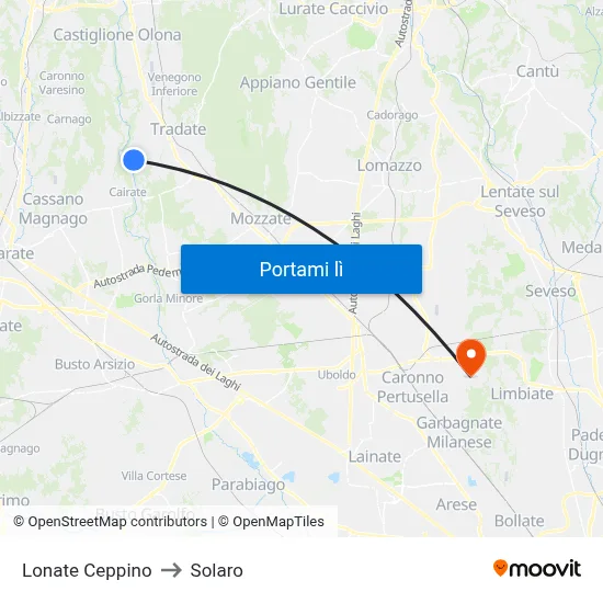 Lonate Ceppino to Solaro map