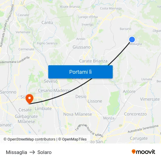 Missaglia to Solaro map