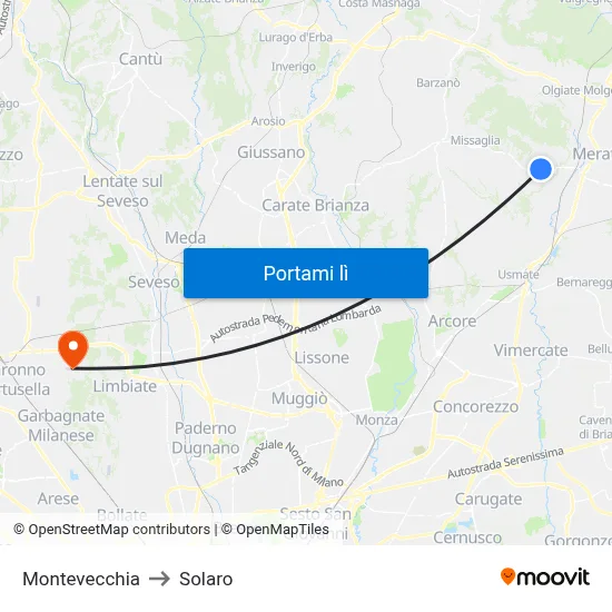 Montevecchia to Solaro map