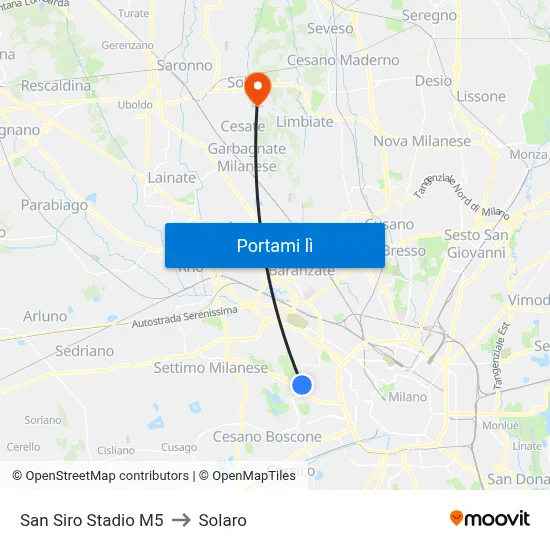 San Siro Stadio M5 to Solaro map