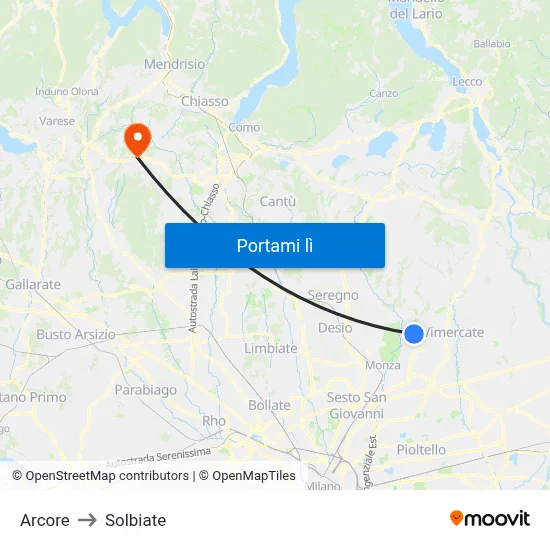 Arcore to Solbiate map