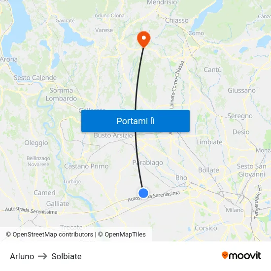 Arluno to Solbiate map