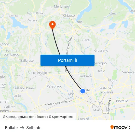 Bollate to Solbiate map