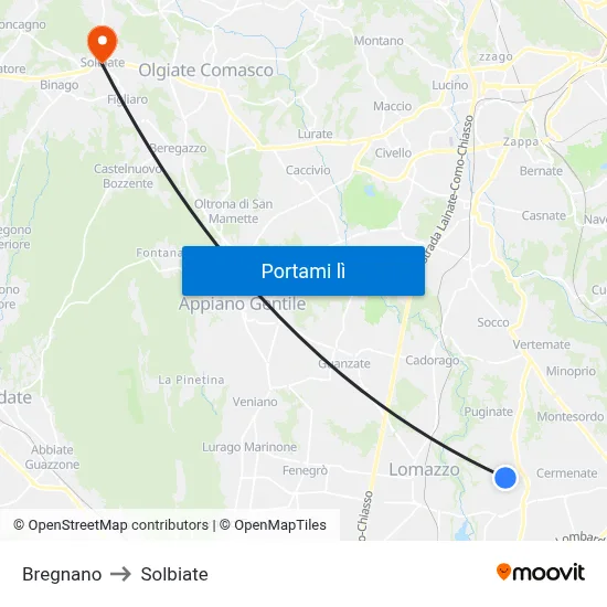 Bregnano to Solbiate map
