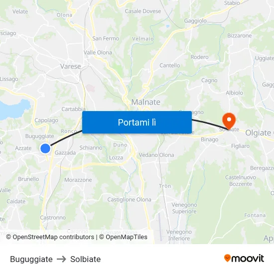 Buguggiate to Solbiate map