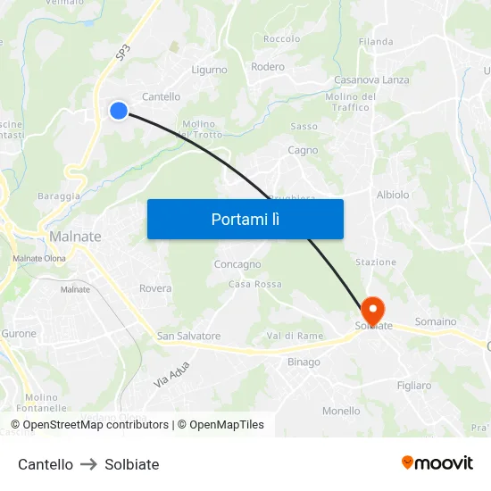 Cantello to Solbiate map