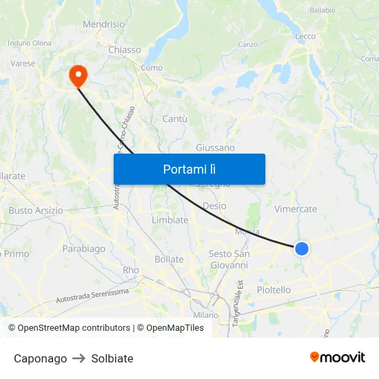 Caponago to Solbiate map