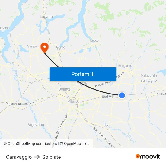 Caravaggio to Solbiate map