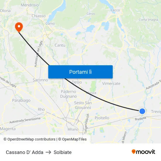 Cassano D' Adda to Solbiate map