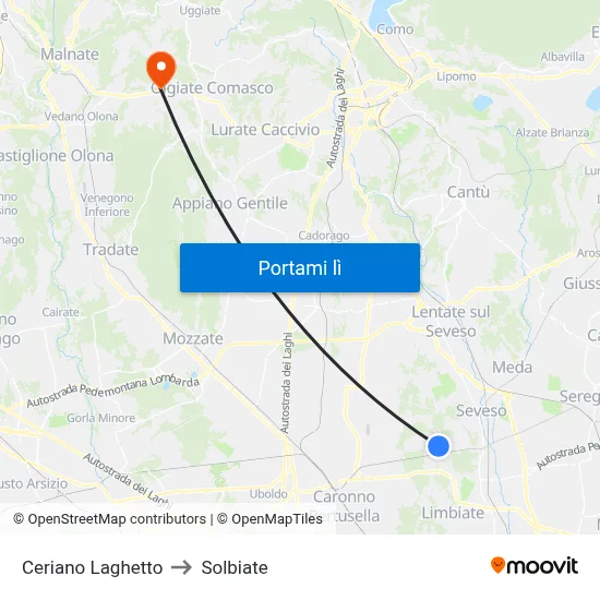 Ceriano Laghetto to Solbiate map