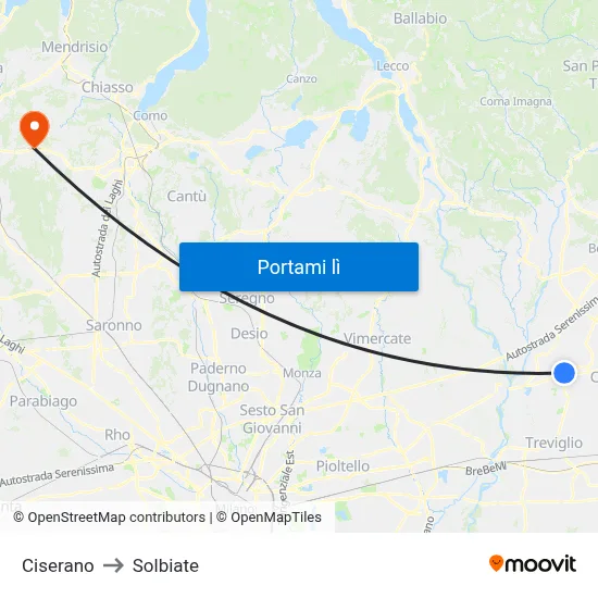 Ciserano to Solbiate map