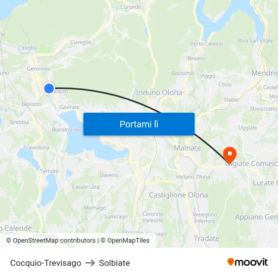 Cocquio-Trevisago to Solbiate map