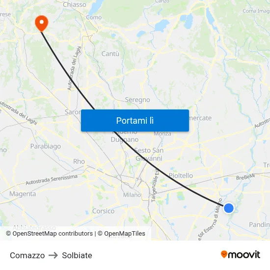 Comazzo to Solbiate map