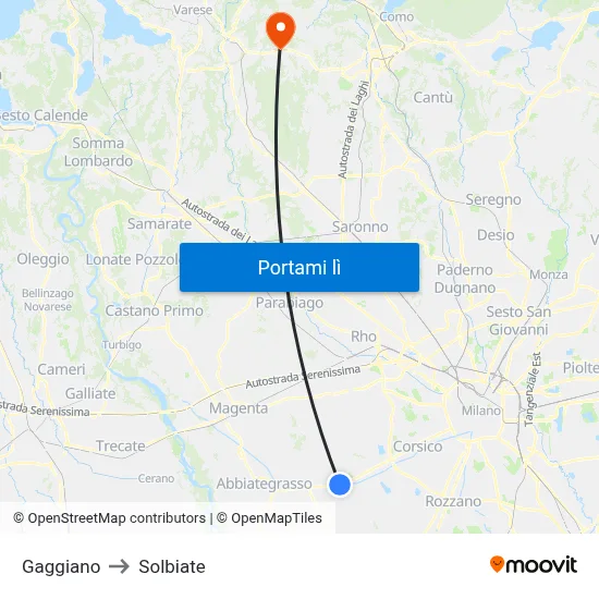 Gaggiano to Solbiate map