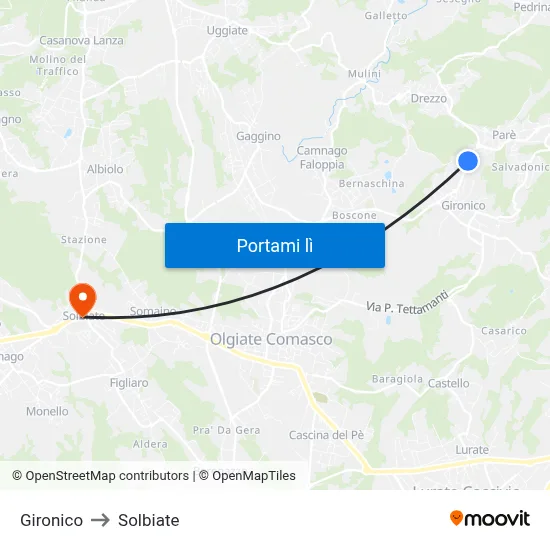 Gironico to Solbiate map