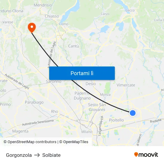 Gorgonzola to Solbiate map