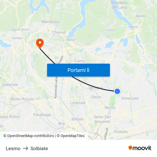 Lesmo to Solbiate map