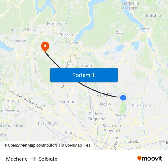 Macherio to Solbiate map