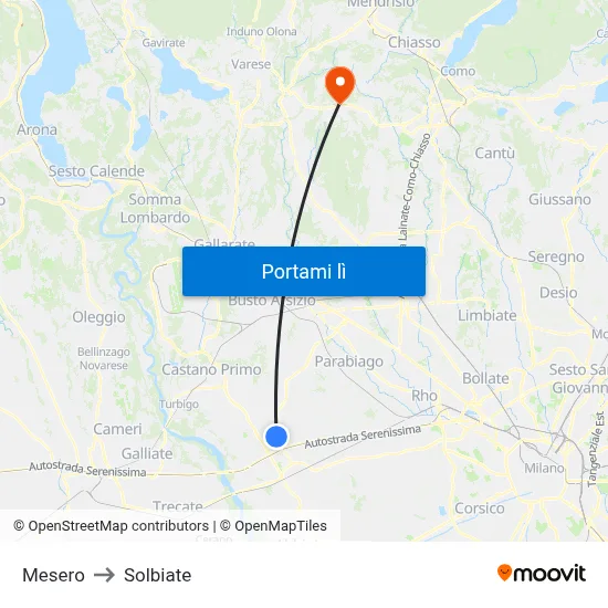 Mesero to Solbiate map