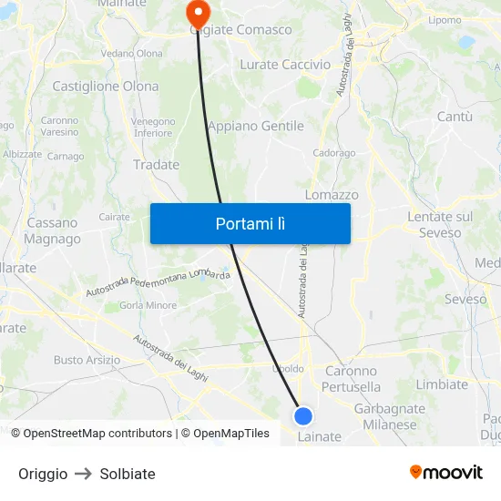 Origgio to Solbiate map