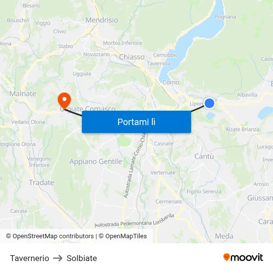 Tavernerio to Solbiate map
