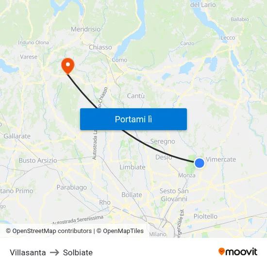 Villasanta to Solbiate map