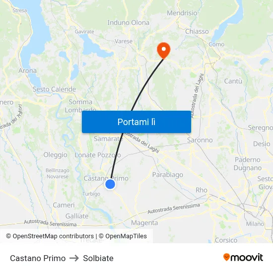 Castano Primo to Solbiate map
